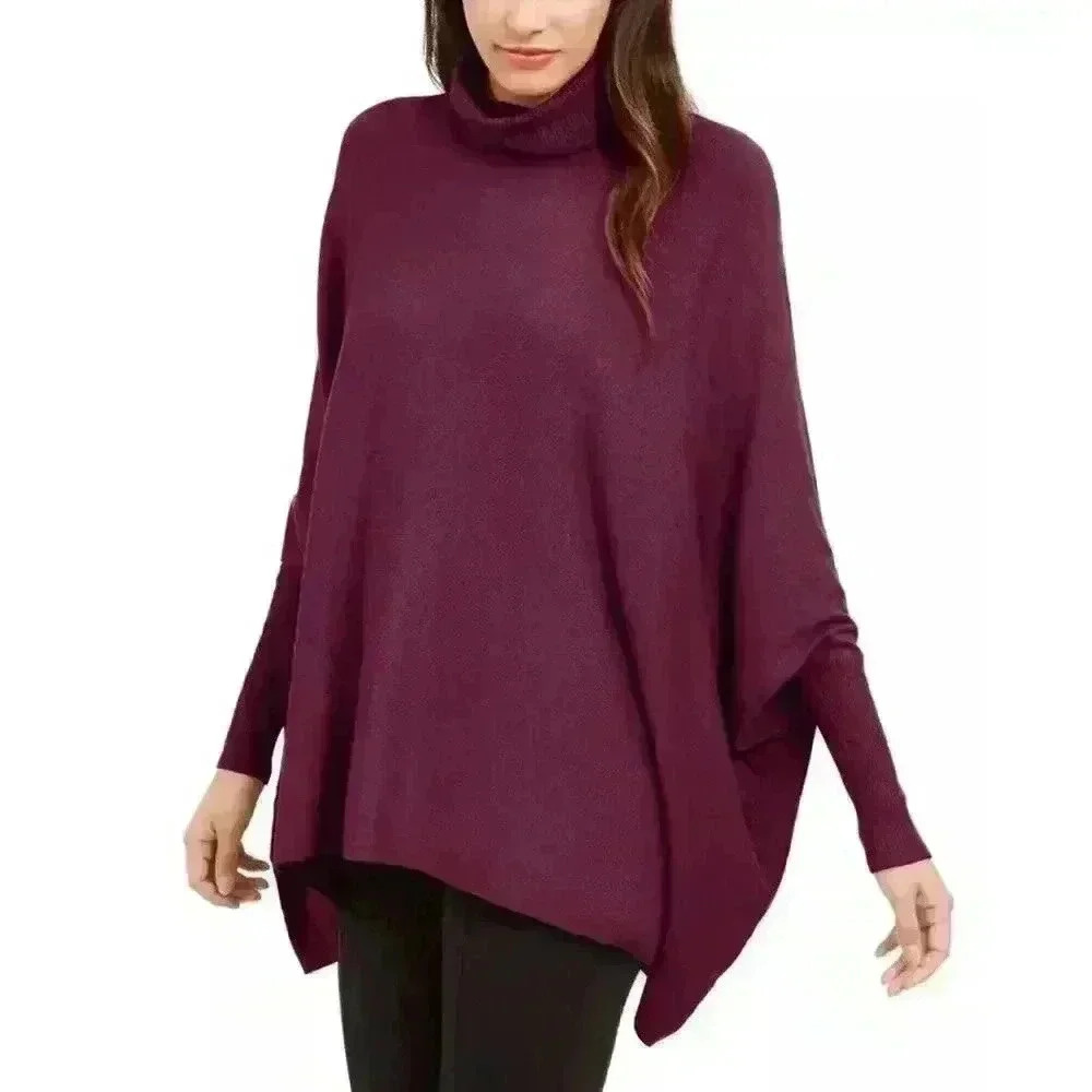 Alfani Women's Turtleneck Oversized Poncho Sweater Burgundy‎ Malbec Size M